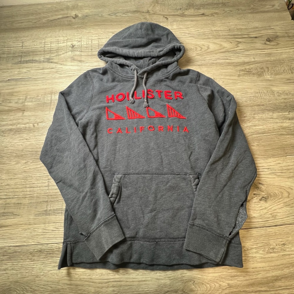Hollister Hoodie Men S Gray Red Embroider California Pullover Distressed Skater
